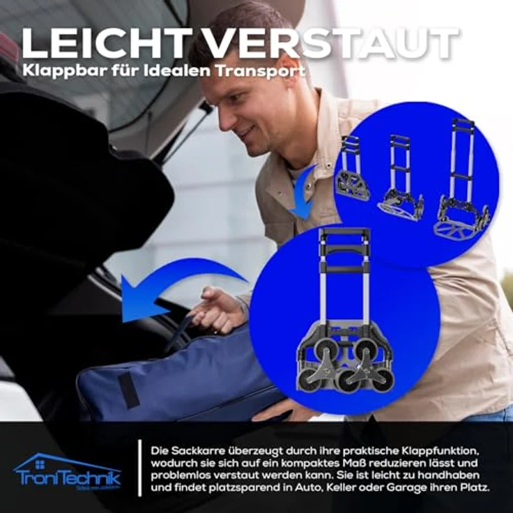 TroniTechnik Sackkarre Transportkarre klappbar, Tragfähigkeit bis 75kg, Treppensackkarre mit rutschfester Fläche, verstellbarem Griff und Spanngummiseil, 45x45x100cm – Bild 4