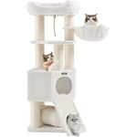 Feandrea Großer Kratzbaum, M Katzenbaum, mit Höhle, Hängematte, Plüschplattform, Tunnel, Sisalstämme, Kratzbrett, 50 x 50 x 141 cm, cremeweiß