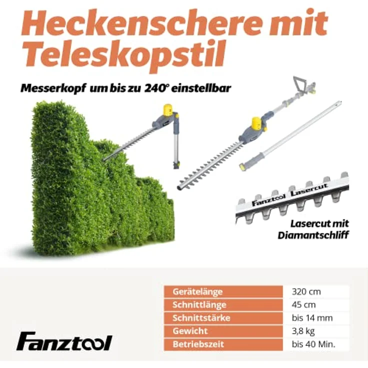 FANZTOOL Akku Teleskop Heckenschere Teleskopstiel mit 20V-2Ah Akku – Bild 3