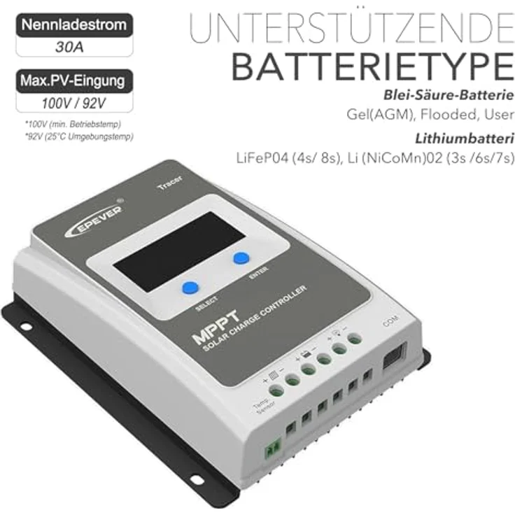 EPEVER MPPT Laderegler 30A Tracer3210AN Solar-Laderegler auto work 12V/24V LCD Display commen negative Erdung – Bild 2