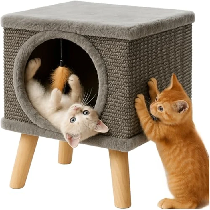 PURLOV Katzenhaus & Kratzbaum aus Sisal mit Plüsch, 2-in-1 Möbel für Kitten & Katzen, kompakt 38×32×32 cm, stabile Holzfüße, integriertes Spielzeug, schützt Möbel – Bild 2