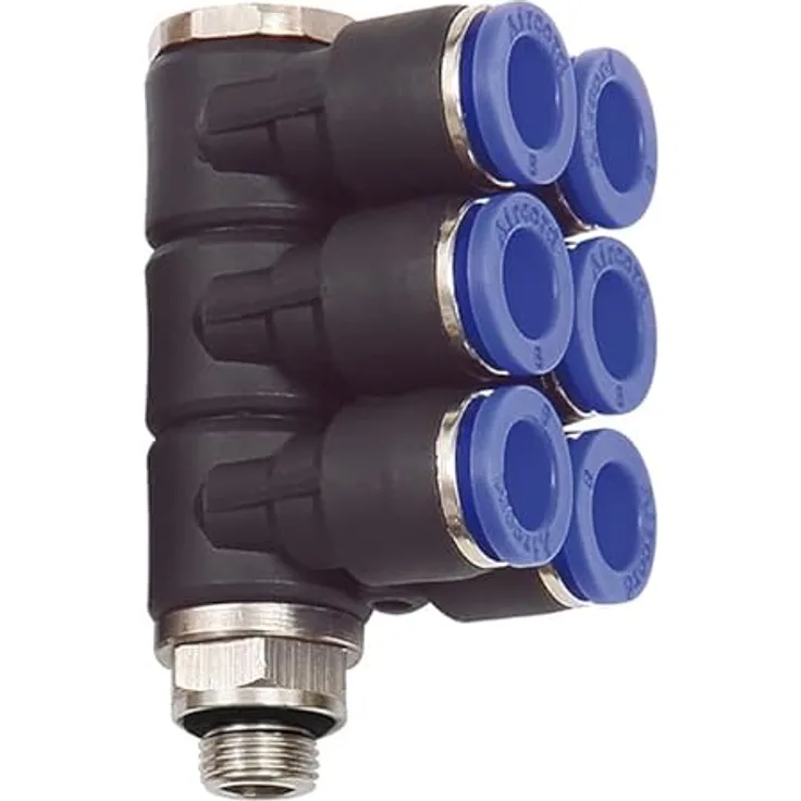 Riegler L-Mehrfachverteiler »Blaue Serie«, 6-fach drehbar, G 1/4 a. für Ø8mm, max. 15 bar, Kunststoff/MS