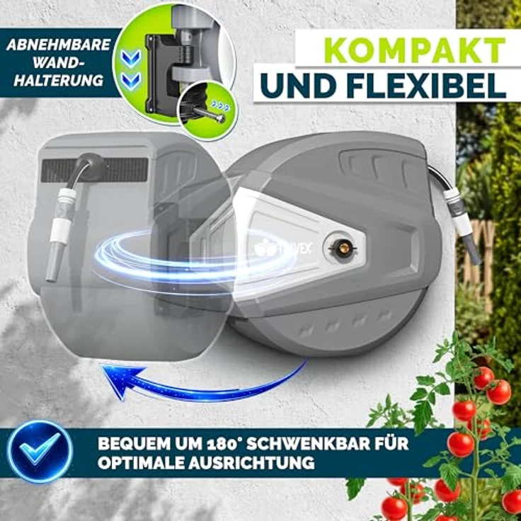 tillvex Schlauchtrommel Wasser mit Wandhalterung und Tragegriff, 35m Gartenschlauch mit 9-funktionaler Handbrause, grau, 180° schwenkbar, mit Aufroll-Automatik – Bild 2