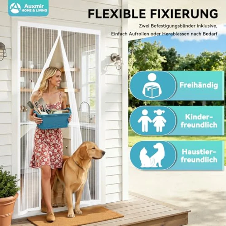 Auxmir Fliegengitter Balkontür Magnet 100x220cm, Insektenschutz mit verstärkten Magneten und breitem Klettverschluss, ohne Bohren, Weiß – Bild 3