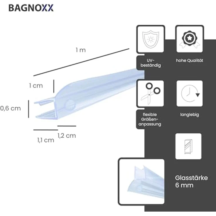Bagnoxx Schleiflippendichtung mit 1m Schlauch für 6mm Glas, transparent, UV-beständig und schimmelresistent – Bild 2