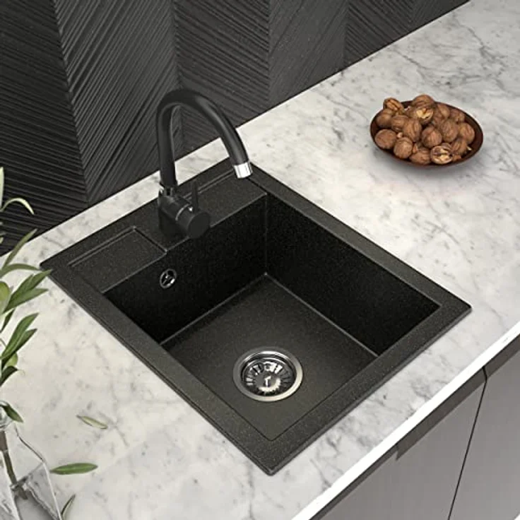 Granitan GRANITAN BEST Küchenspüle 40x50 cm Schwarz mit goldenen Sprenkeln - Spüle aus Granit mit Siphon Chrom, Sieb und Imprägniermittel - Preisvergleich – Bild 3