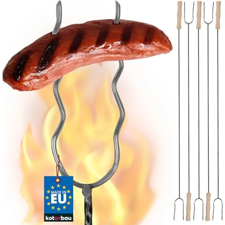 KOTARBAU® 5er Set Grillspieße, 100 cm Lagerfeuer Spieße mit ergonomischem Holzgriff, zweizinkige Konstruktion und korrosionsbeständigem Stahl
