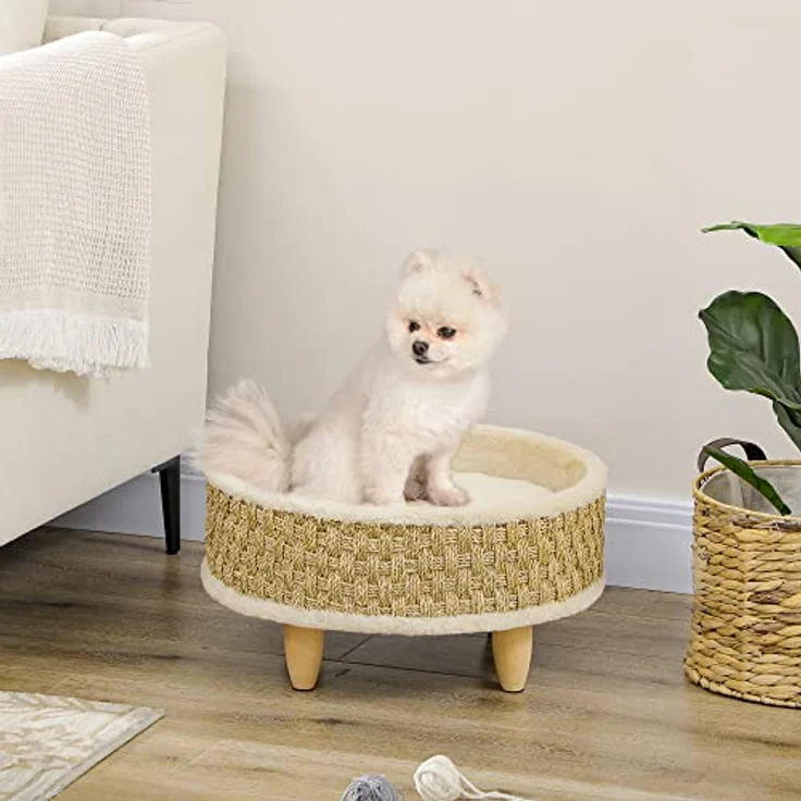 PawHut Erhöhtes Haustiersofa, Luxus katzensofa mit waschbarem Kissen, Haustierbett Hundeliege mit Seegrasseil und Holzbeine, Hundecouch, Rund, Indoor, Beige+Khaki, 48 x 48 x 24,5 cm – Bild 2