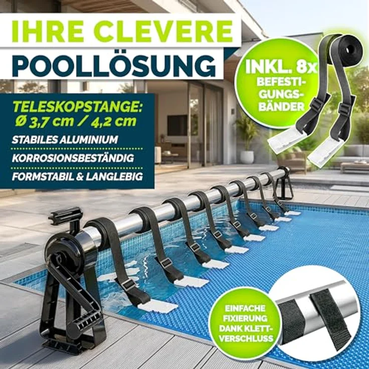 tillvex Pool Aufroller Premium, Ausziehbar von 1,05-6,15 m, inkl. Thermometer & 8 Befestigungsbänder, witterungsbeständig, mobile Aufrollvorrichtung für Solarplane – Bild 4