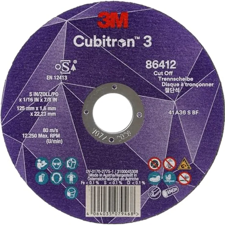 Cubitron 3M 86647 Trennscheibe, 60+, 125 mm x 1 mm x 22,23 mm, EN, 25/Pack, für Metal cutting