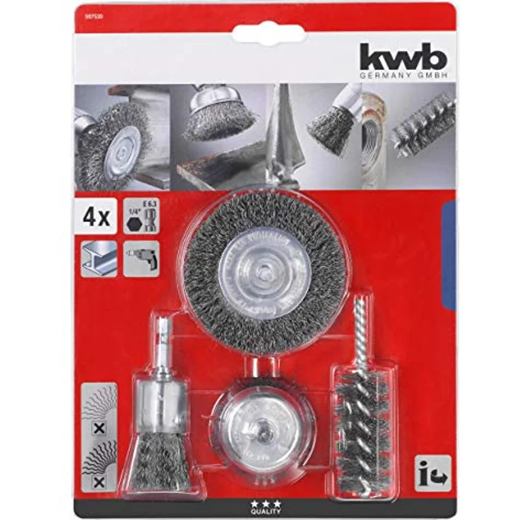 kwb Drahtbürsten-Set, für Bohrmaschinen mit E 6.3-Aufnahme, 4-teilig aus Stahldraht, inklusive Scheibenbürste, Topfbürste, Pinselkopfbürste und Spiralbürste – Bild 3