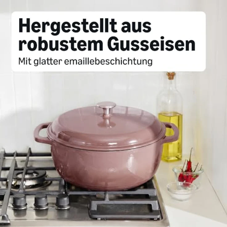 Amazon Basics Schmortopf Rund, Emailliertes Gusseisen, 6,9 L, Lehmfarben, gleichmäßige Wärmeverteilung, Backofenfest bis 260°C – Bild 5
