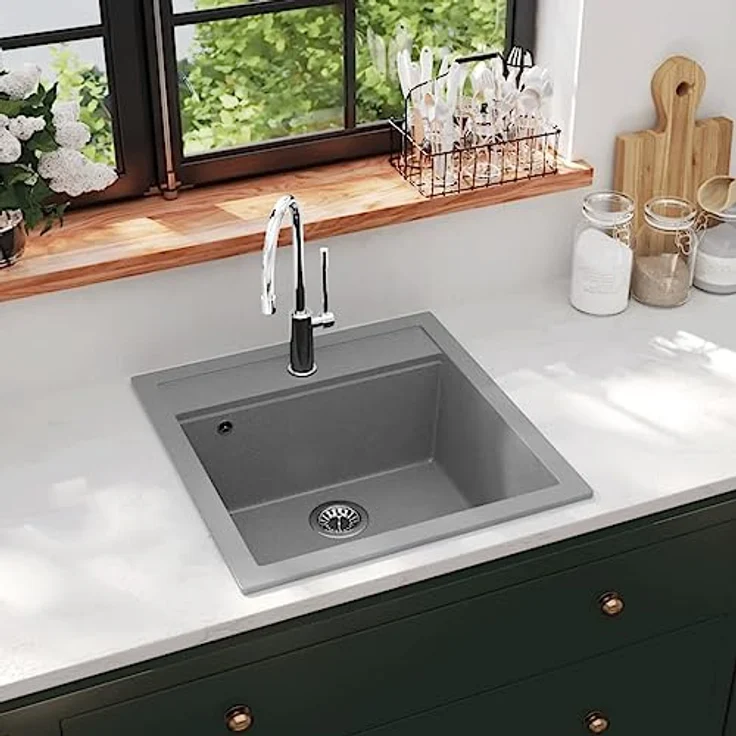 vidaXL Granitspüle Einzelbecken Grau, Küchenspüle mit extra tiefem Becken und hitzebeständigem Design – Bild 2