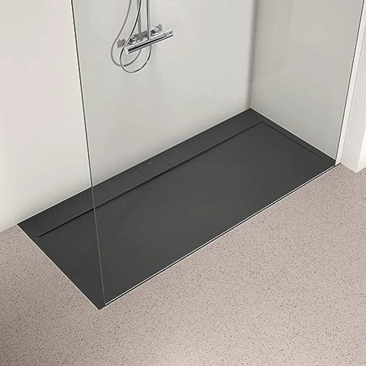 Ideal Standard Ultra Flat S i.life, Rechteckige Duschwanne 180 x 80 cm, Kunstharz in Schwarz mit rutschfester Steinoptik, Ablaufgarnitur lange Seite, mattes Finish – Bild 4