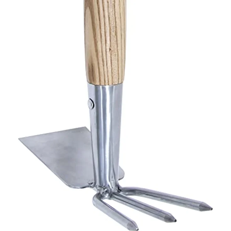Kent & Stowe Doppelhacke – Gartenhacke aus Edelstahl, zum Belüften von Böden, Unkrautjäter mit Stiel aus Eschenholz, Länge: 37 cm – Bild 2