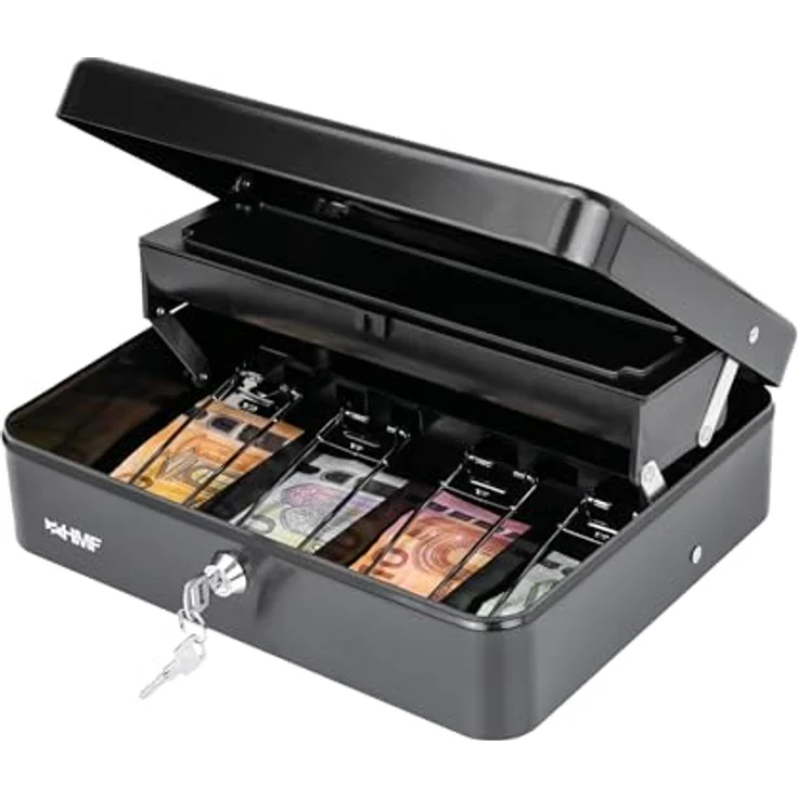 HMF 15230-02 Geldkassette abschließbar mit Münzeinsatz, 4 Scheinfächern und Tragegriff, Schwarz, 30 x 24 x 9 cm – Bild 5
