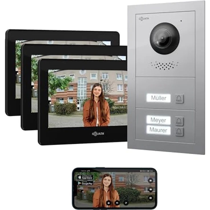 Goliath Intercom Video-Türsprechanlage Goliath Basic-Line, 3-Familienhaus, 7-Zoll Monitor, HD Kamera, WLAN-fähig, schwarz-anthrazit – Bild 1