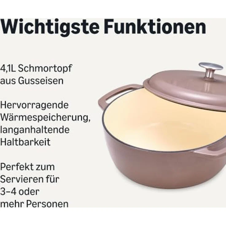 Amazon Basics Schmortopf Rund, Emaillierter Gusseisen Dutch Oven, 4,1 L, Lehmfarben, für alle Herdarten geeignet – Bild 2
