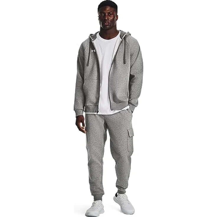 Under Armour Rival Fleece Full Zip Kapuzenjacke Herren, graues Fleece-Material, Rippstrick-Bündchen, Kapuze mit Tunnelzug, XXL – Bild 3