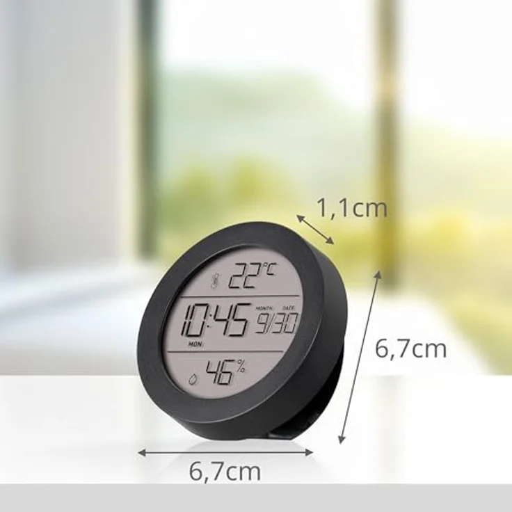 Kienzle Thermo-Hygrometer Ø 6,7 cm, präziser Temperatur- und Luftfeuchtigkeitsmesser mit Uhrzeit und Datum, Schwarz – Bild 3