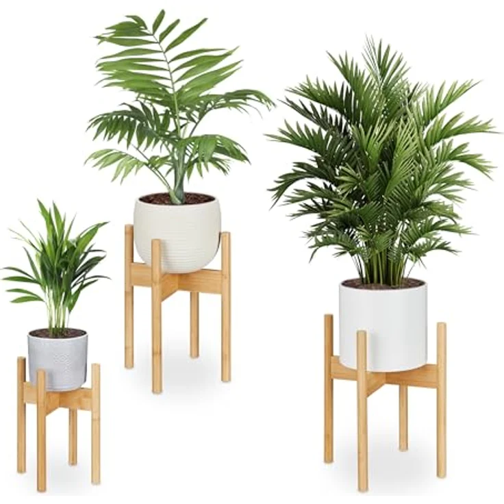 relaxdays Blumenständer Pflanzenständer 3er Set aus Bambus, M/L/XL, natur, für dekorative Pflanzenpräsentation – Bild 1