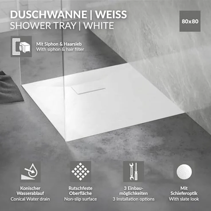 LuxeBath Duschwanne 80x80cm, quadratische Brausetasse mit rutschfester Oberfläche und Ablaufgarnitur, Weiß, H:30 mm extra flach – Bild 2