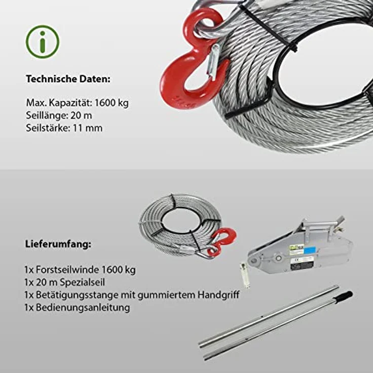 TRUTZHOLM Seilzug 1600kg Greifzug Forstseilwinde mit 20m Spezialseil, Aluminiumgehäuse und gummiertem Handgriff – Bild 4