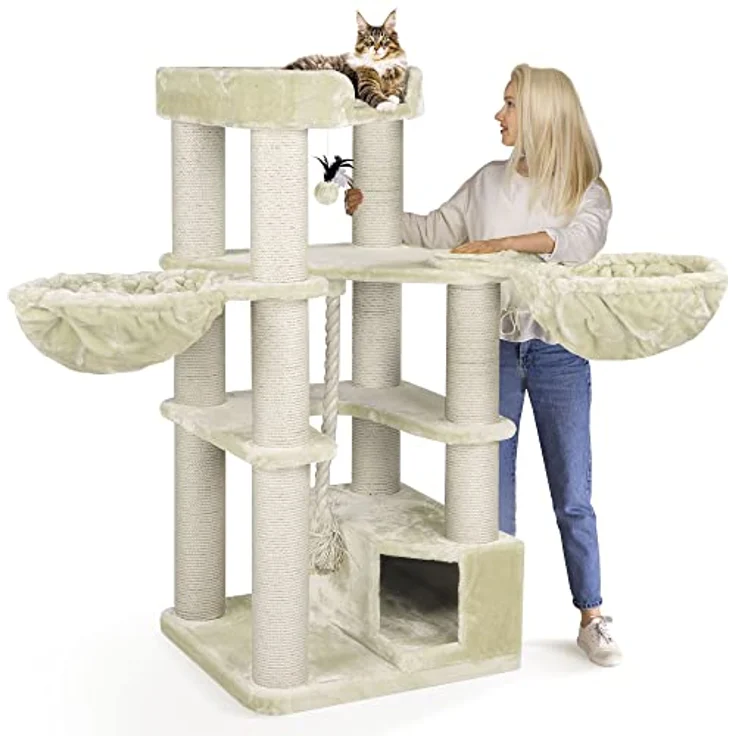 HAPPYPET Kratzbaum für große Katzen 'Oscar' - Premium Katzenbaum stabil 44 kg, 12 cm Dicke Stämme für schwere Katzen Maine Coon, 600g Plüsch, 2 Liegemulden und Höhle, geprüftes Holz, Creme – Bild 1