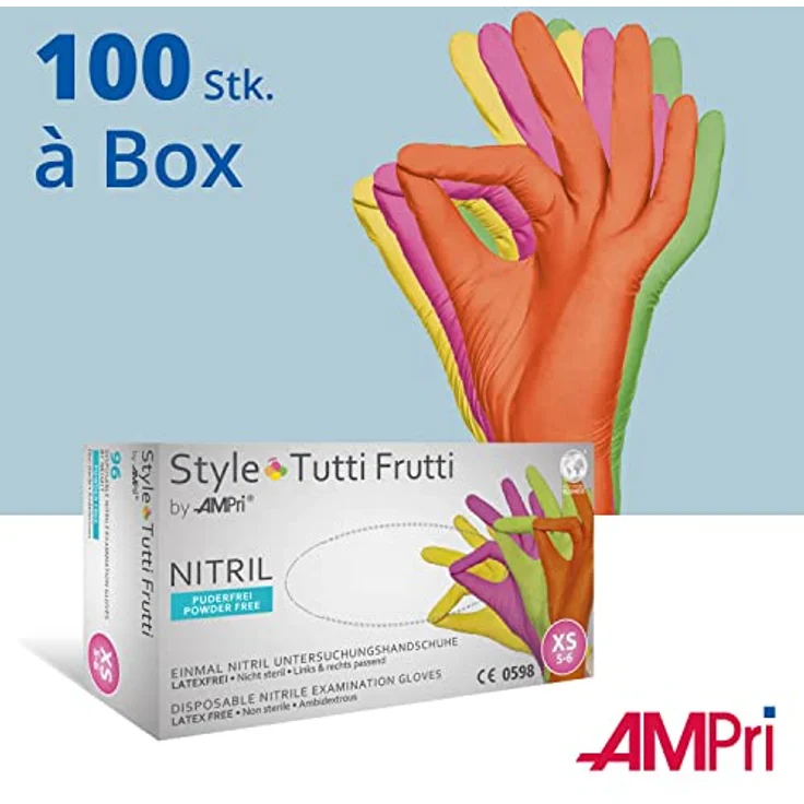 AMPri Nitrilhandschuhe, bunt, Farbenmix, 96 Stück/Box, Größe XL, puderfrei, Style tutti frutti by Med-Comfort: Nitril Einmalhandschuhe in den Größen XS, S, M, L, XL erhältlich – Bild 4