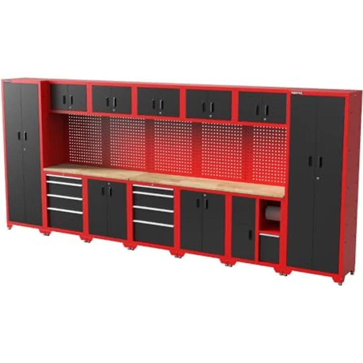 FEISTOS Werkbank Juno 12, modulare Werkstatteinrichtung mit Lochwand, Schwarz/Rot, 462x46x198 cm, inkl. abschließbare Schränke und höhenverstellbare Füße – Bild 1
