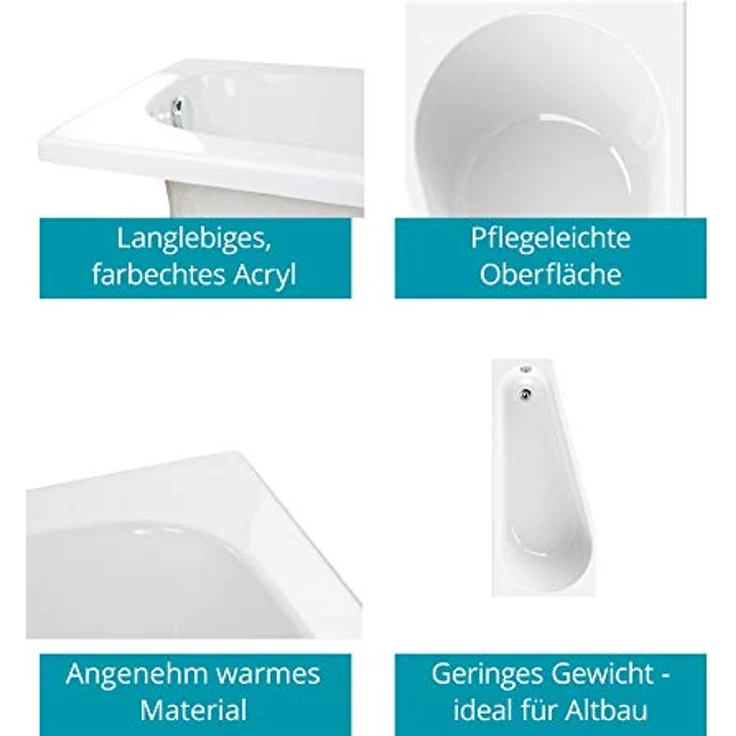 Calmwaters® Raumsparende Eckbadewanne 160x70 cm, Set mit Acrylwanne Essential Small, Wannenfüße, Ab- und Überlaufgarnitur, platzsparende Badewanne rechter Ausführung, 160 x 70 cm, Weiß, 99000326 – Bild 2