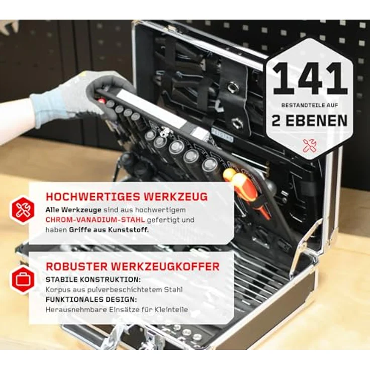 FEISTOS Werkzeugkoffer Manos 141, 141-teiliges Chrom-Vanadium-Stahl Set, LxBxH 15x45x35 cm, stabil und transportabel – Bild 3