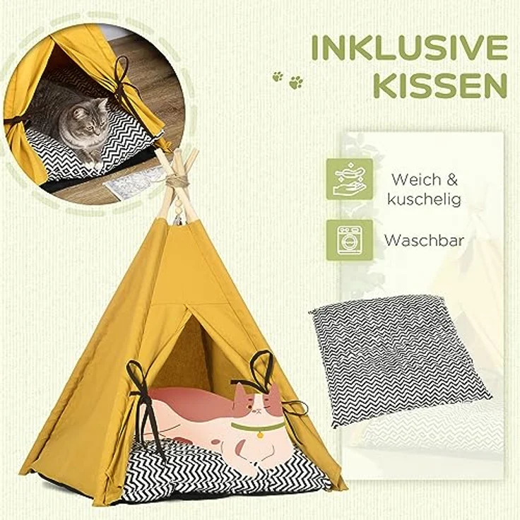 PawHut Tipi-Zelt für Haustiere, Tierbett im Tipi-Design, Katzenzelt mit Kissen, Katzenhaus mit rutschfestem Boden Spielball, Hundebett zum schlafen, Katzenbett, Kiefernholz, Indoor, Gelb – Bild 5