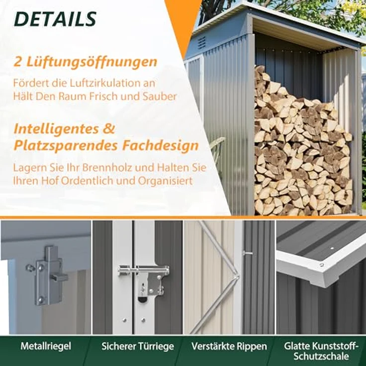 Thanaddo Metall Gerätehaus 311x123x181 cm, wetterfest mit Holzunterstand und Lüftungsgitter, grau – Bild 4