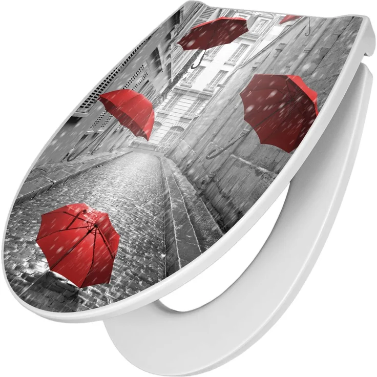 Banjado Premium Toilettendeckel mit Absenkautomatik, Hygienischer Duroplast WC-Sitz mit Motiv Rote Schirme, 38,4x45x4,2cm