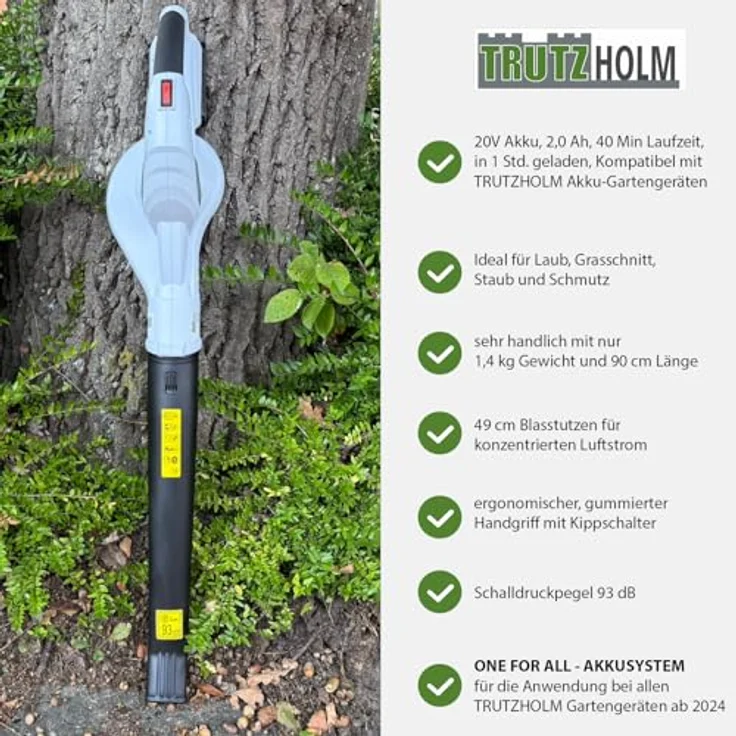 TRUTZHOLM Akku Laubbläser 20V, kabellos, mit 2000mAh Akku und Ladegerät, 40Min Laufzeit, ergonomischer Griff – Bild 7
