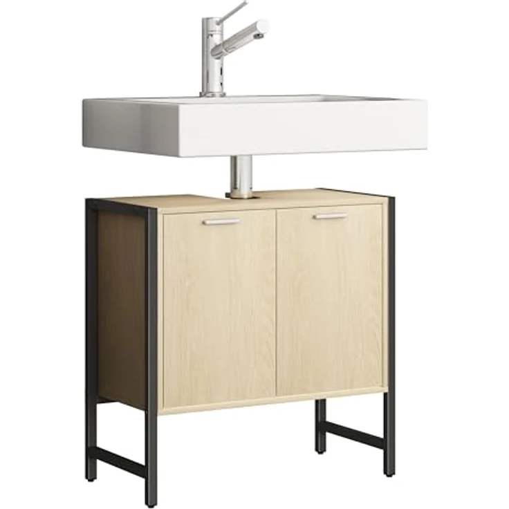 VCM Badmöbel Badunterschrank Waschbeckenunterschrank Badezimmer Holz Metall Edino Drehtüren Honig-Eiche – Bild 4