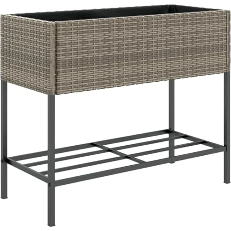 vidaXL Pflanzkübel mit Ablage Grau Poly Rattan, Outdoor Blumenkübel mit robustem Stahlgestell und praktischer Ablage – Bild 1