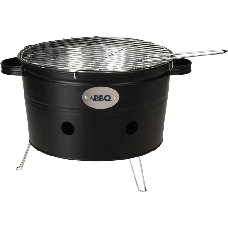 ProGarden Grilleimer mit 2 Griffen 34,5 cm Matt Schwarz, Leichter Transport, emaillierter Stahl, Lüftungsschlitze
