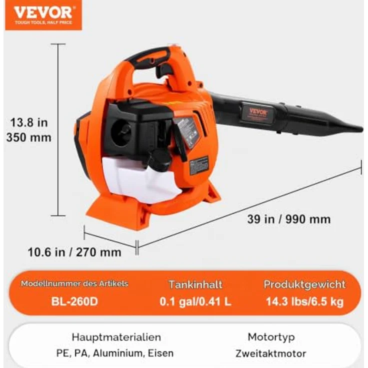 VEVOR Benzin-Laubbläser BL-260D, 26 CC 2-Takt-Hand-Laubbläser mit 425 CFM Luftvolumen und 156 MPH Geschwindigkeit, ideal für Rasenpflege und Laubreinigung – Bild 7