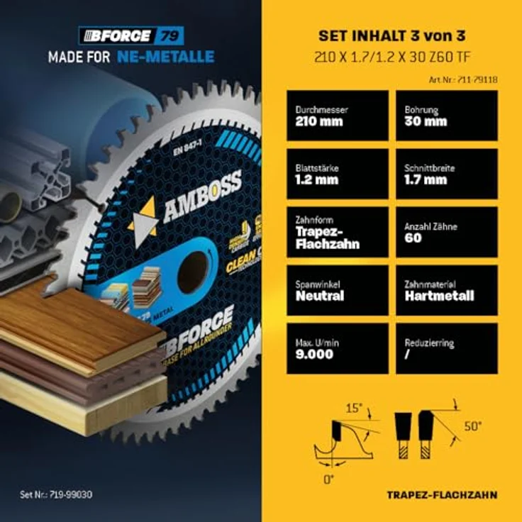 Amboss Werkzeuge Ø210 x 30 Hand- Kreissägeblatt Set für Makita 5008 MG, Festool TS75EBQ - 3er Sägeblatt Sortiment, geeignet für Holz, Metall und Kunststoffe – Bild 5