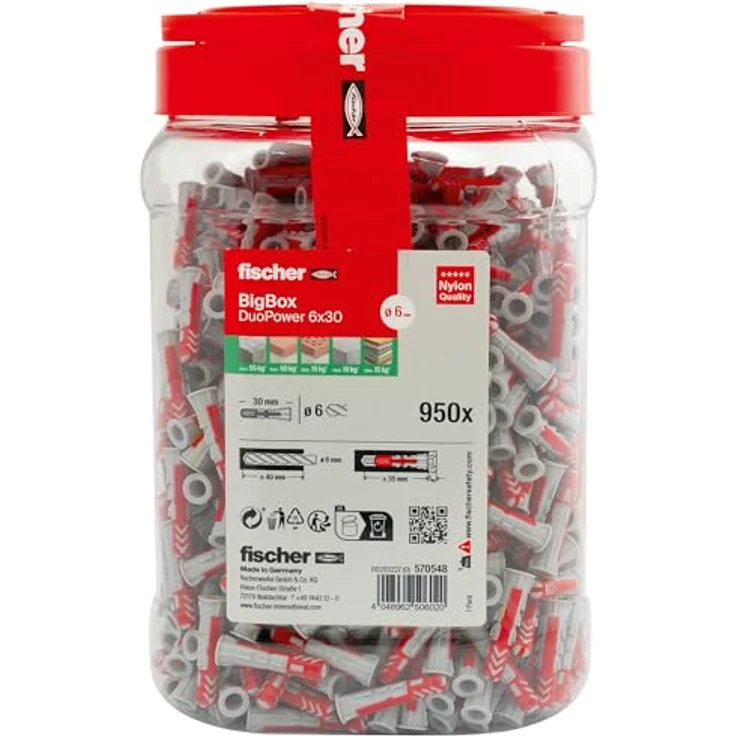 fischer DuoPower BigBox 6 x 30, Universaldübel, leistungsstarker 2-Komponenten-Dübel, Kunststoffdübel zur Befestigung in Beton, Ziegeln, Stein, Gipsbauplatten uvm., ohne Schrauben, 950 Stück – Bild 2