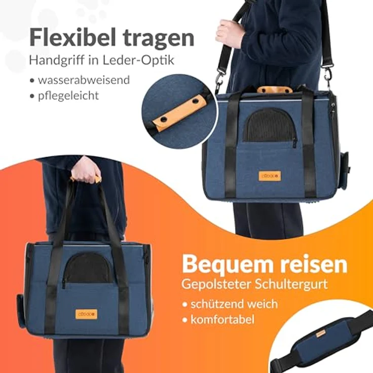 Cadoca Tiertransportbox, faltbare Transporttasche für Hund und Katze, blauer Stoff, mit wendbarem Liegekissen, Reflektoren und faltbarem Trinknapf – Bild 5