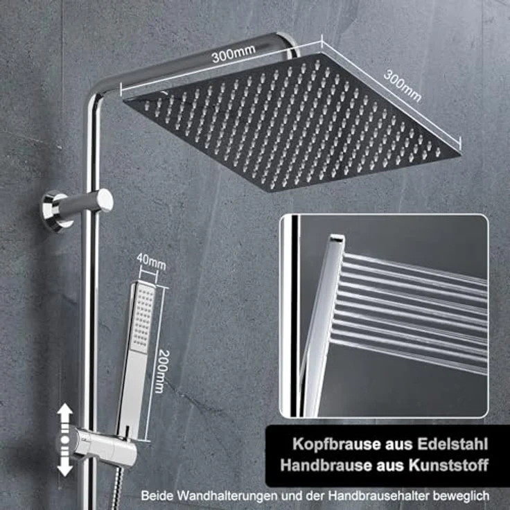 Görbach Regendusche Duschsystem mit verstellbarer Duschstange, 30x30cm, Chrom, hochwertige Edelstahl-Kopfbrause mit Air-in-Technologie, 360° drehbar – Bild 4