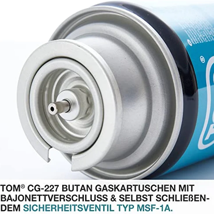 TOM 14 x Butangas Gaskartuschen CG-227 Set mit MSF-1A Bajonettventil, ideal für Campingkocher, Gaslampen und Unkrautbrenner – Bild 4