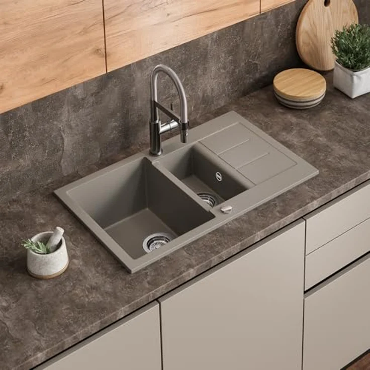 Bergström Spülbecken "Seattle", Doppelbecken mit Abtropffläche, 80 x 50 cm aus Beton, pflegeleicht und robust – Bild 2
