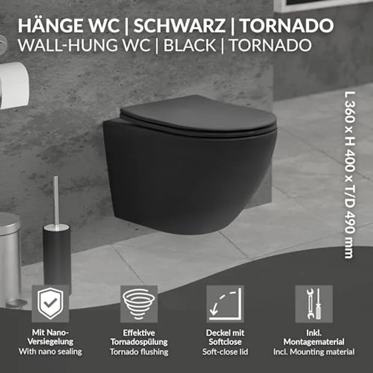 LuxeBath Wand WC Spülrandlos Schwarz matt, Tiefspüler Tornadospülung Keramik Hänge WC kurz 49cm, Toilette ohne Spülrand mit Nano Beschichtung, Kloschüssel Hängend mit WC-Sitz Absenkautomatik abnehmbar – Bild 2