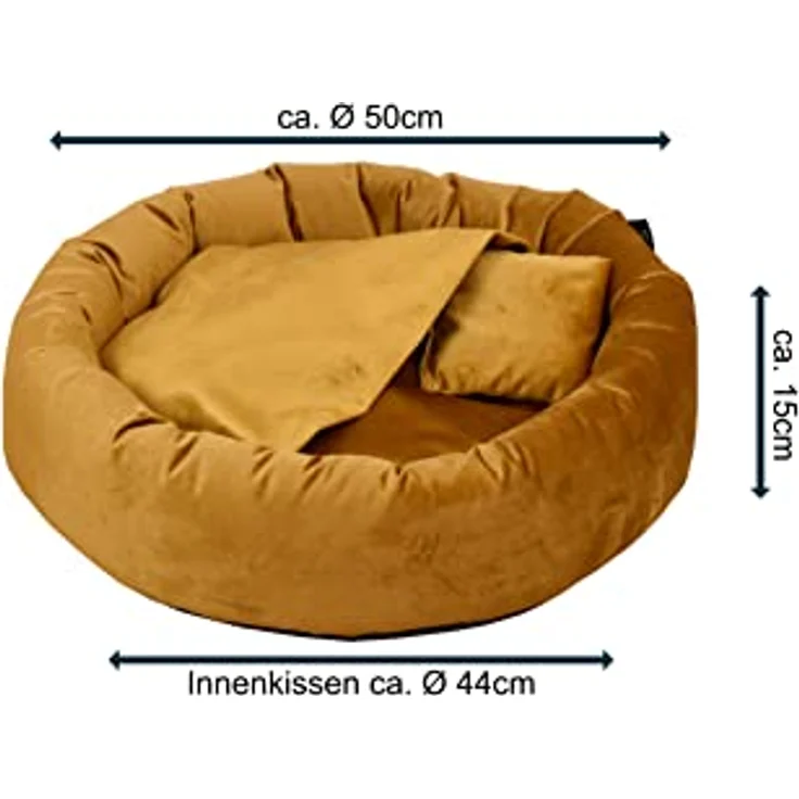 Rohrschneider Hundekissen Kuschelhöhle Denver Samt Hundebett weich mit Gassibeutel Ø 50 cm (S, Senf) – Bild 5