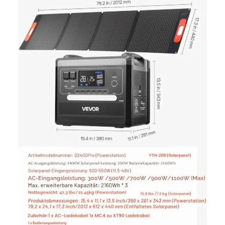 VEVOR Tragbare Powerstation Q2400Pro, 2400-W-Solargenerator mit 200-W-Falt-Solarpanel und 2160-Wh-LiFePO4-Akku, 10 Ausgänge, einstellbare Eingangsleistung für Zuhause, Camping & RV – Bild 7