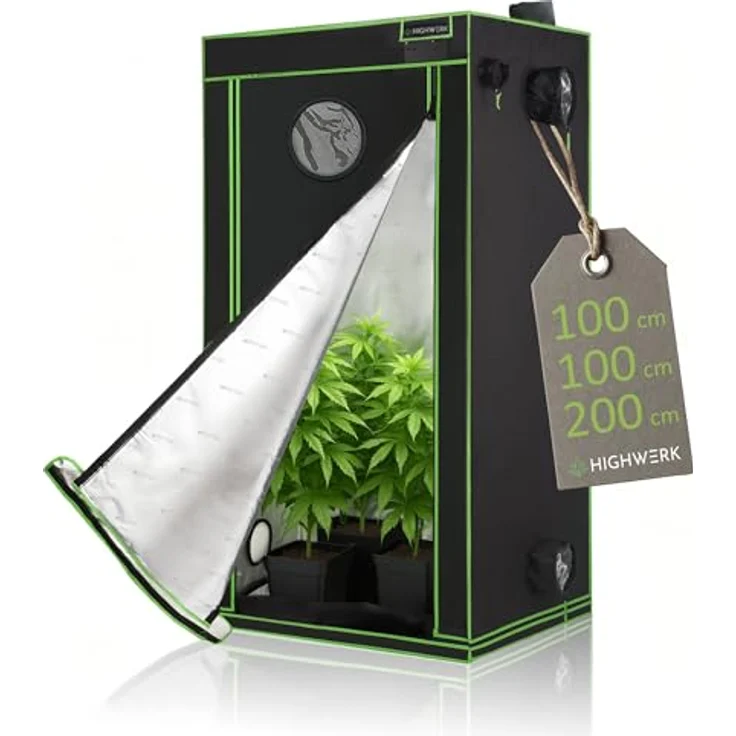 HIGHWERK Growzelt 100 x 100 x 200 cm, Indoor Pflanzenzelt, lichtundurchlässig, schwarz-grün mit hochreflektierender Innenseite – Bild 1